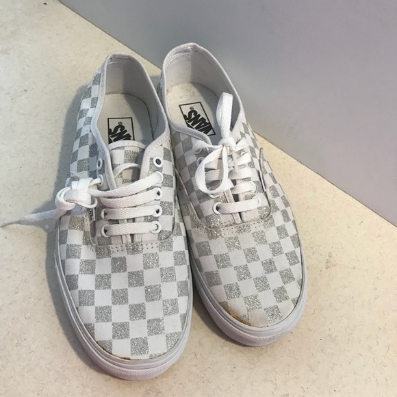 white and silver checkered vans